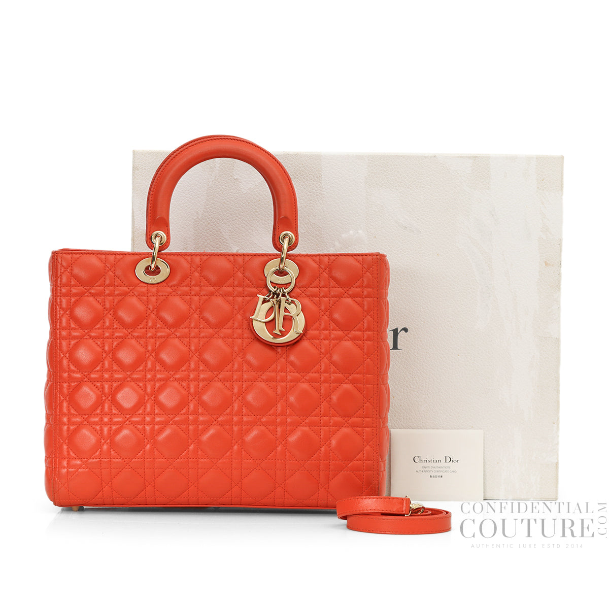 Orange Cannage Quilted Lambskin Leather Large Lady Dior Bag