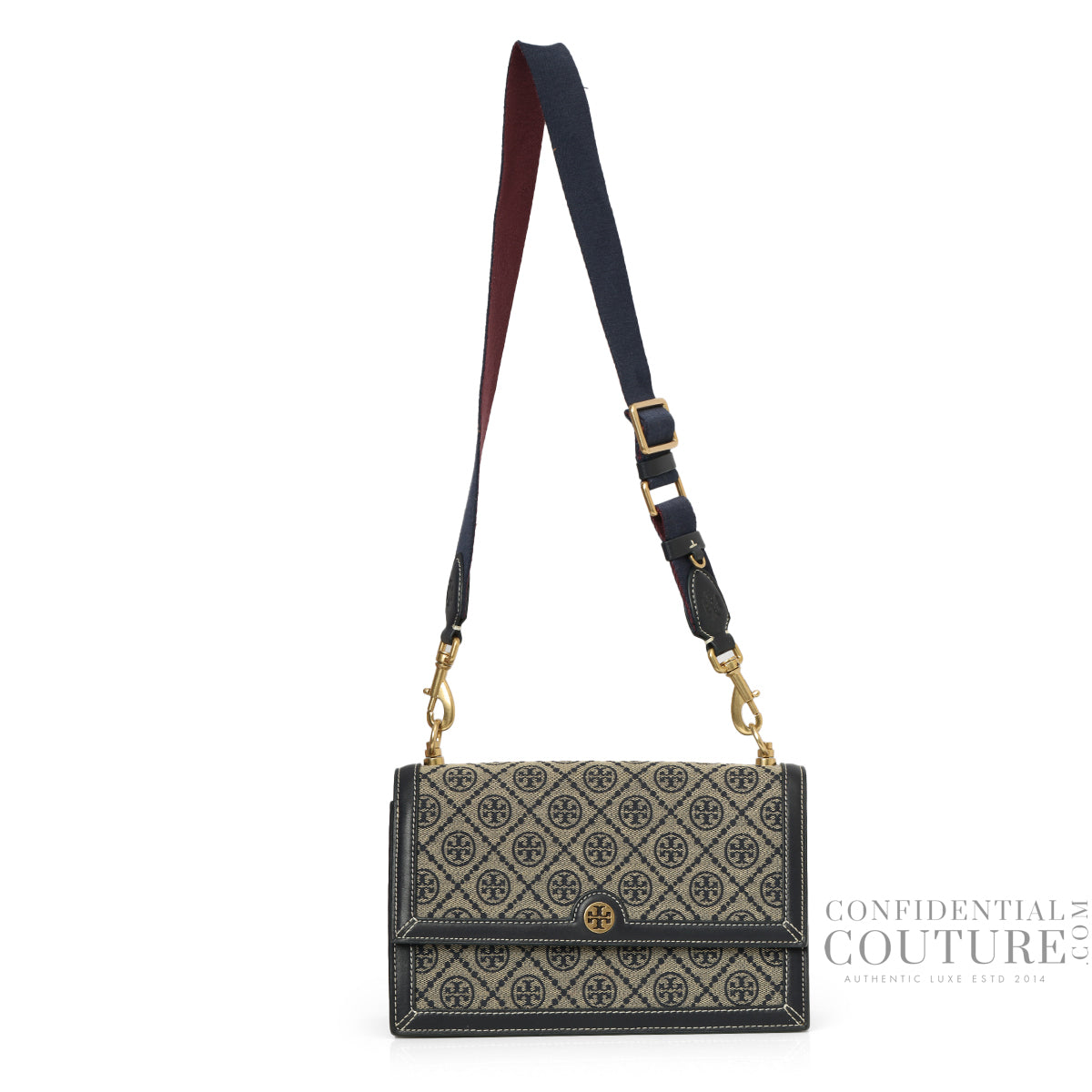 T Monogram Navy/Beige Shoulder Bag with Detachable Strap