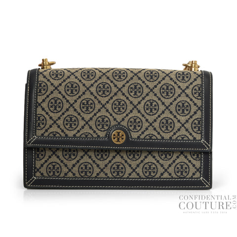 T Monogram Navy/Beige Shoulder Bag with Detachable Strap