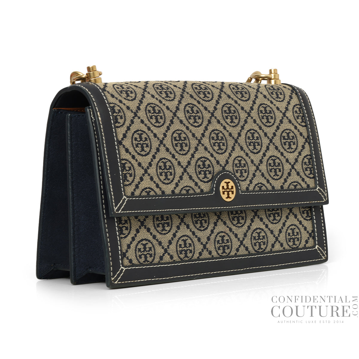 T Monogram Navy/Beige Shoulder Bag with Detachable Strap
