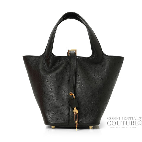 Noir Sac Picotin Lock 18 Autruche, GHW