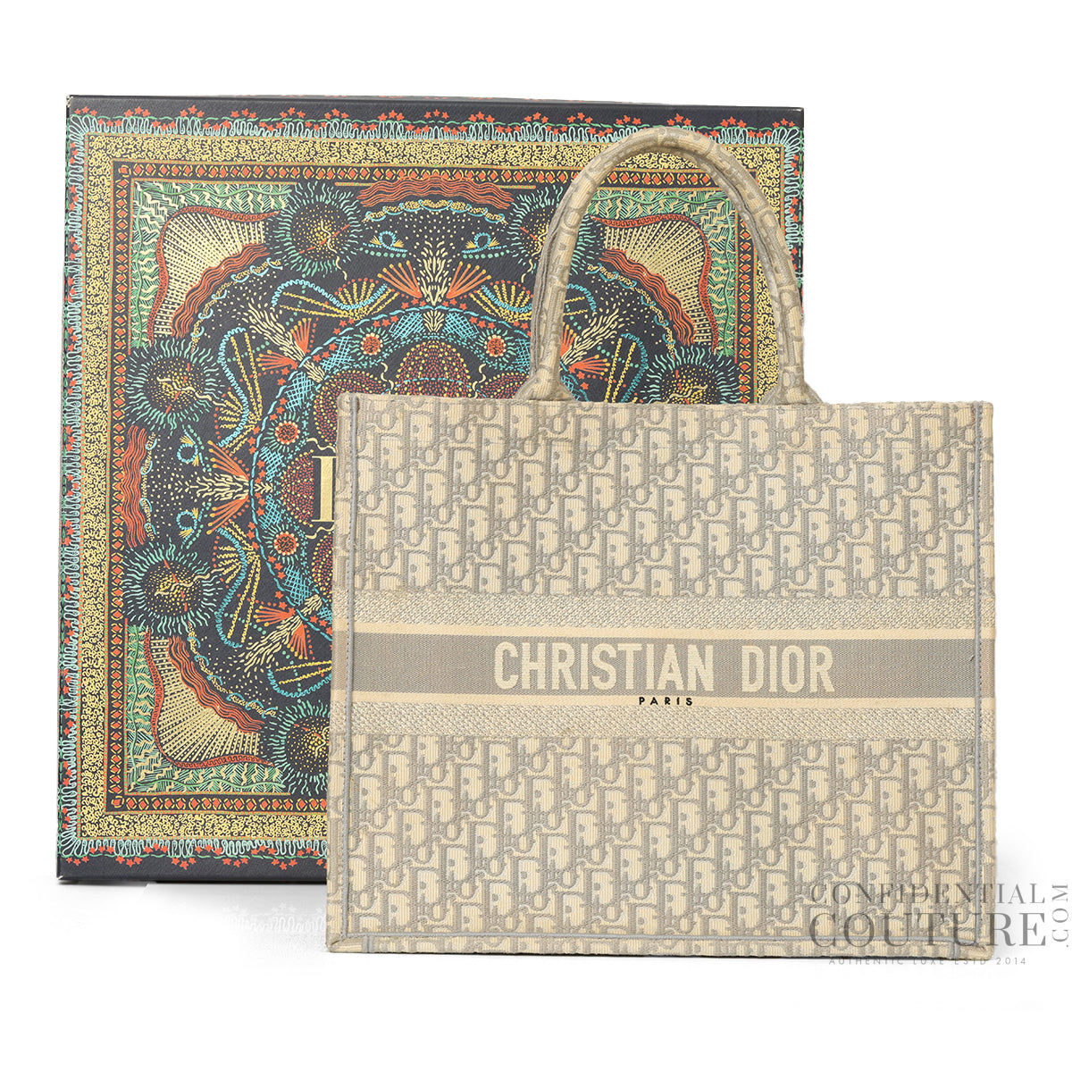 Ecru and Gray Dior Oblique Embroidery Booktote