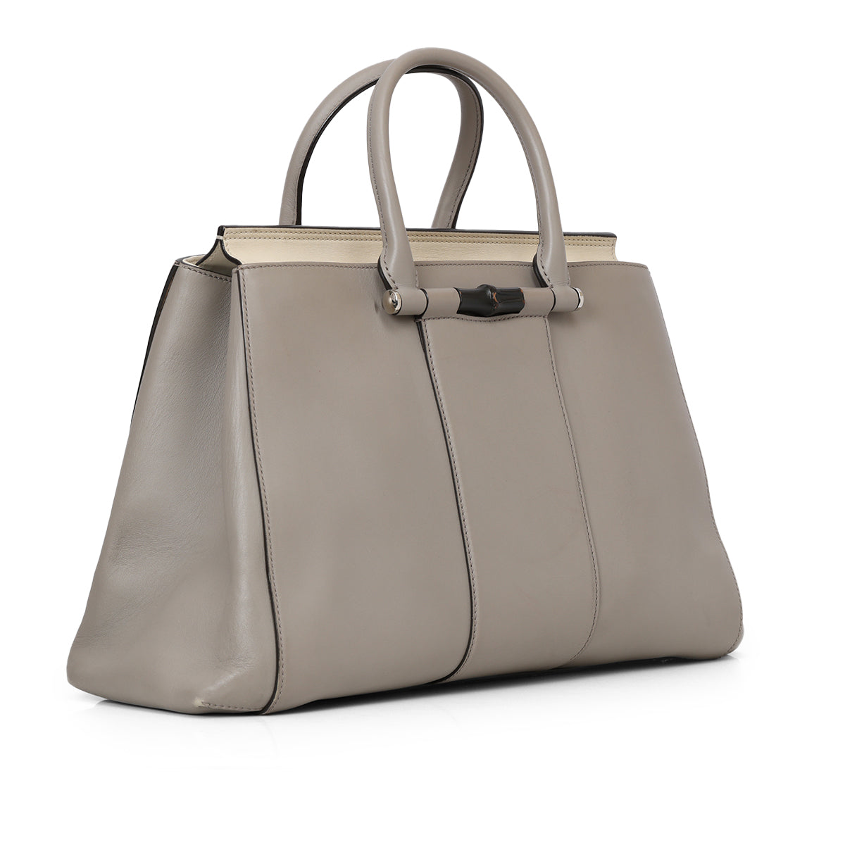 Grey Leather Lady Bamboo Top Handle Bag