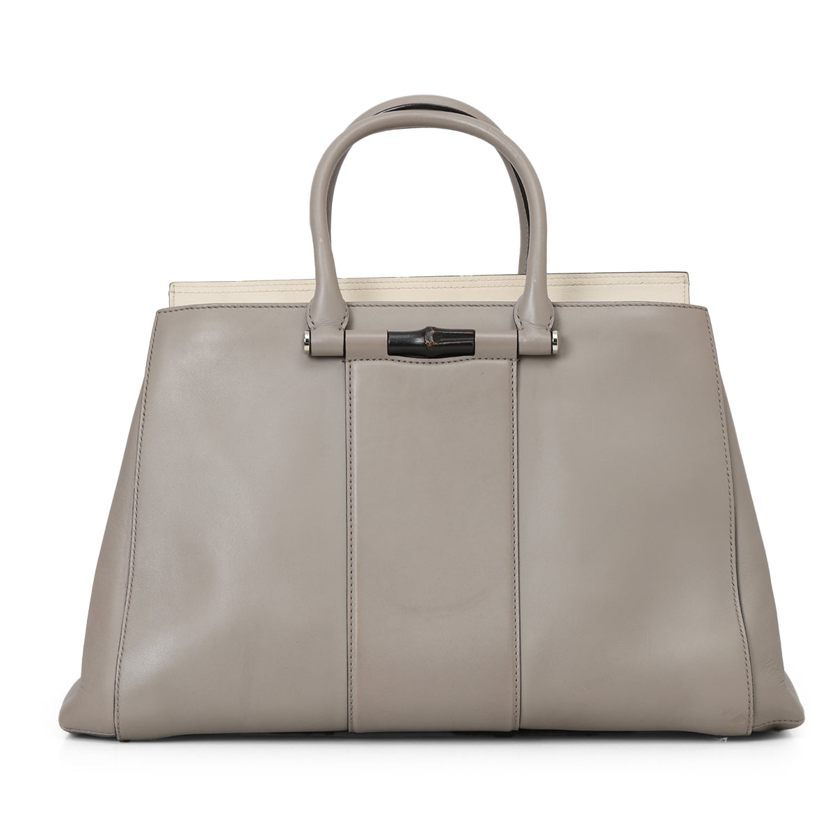 Grey Leather Lady Bamboo Top Handle Bag
