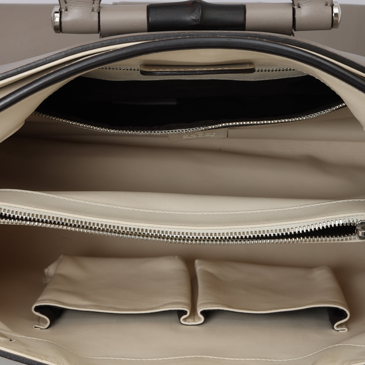 Grey Leather Lady Bamboo Top Handle Bag