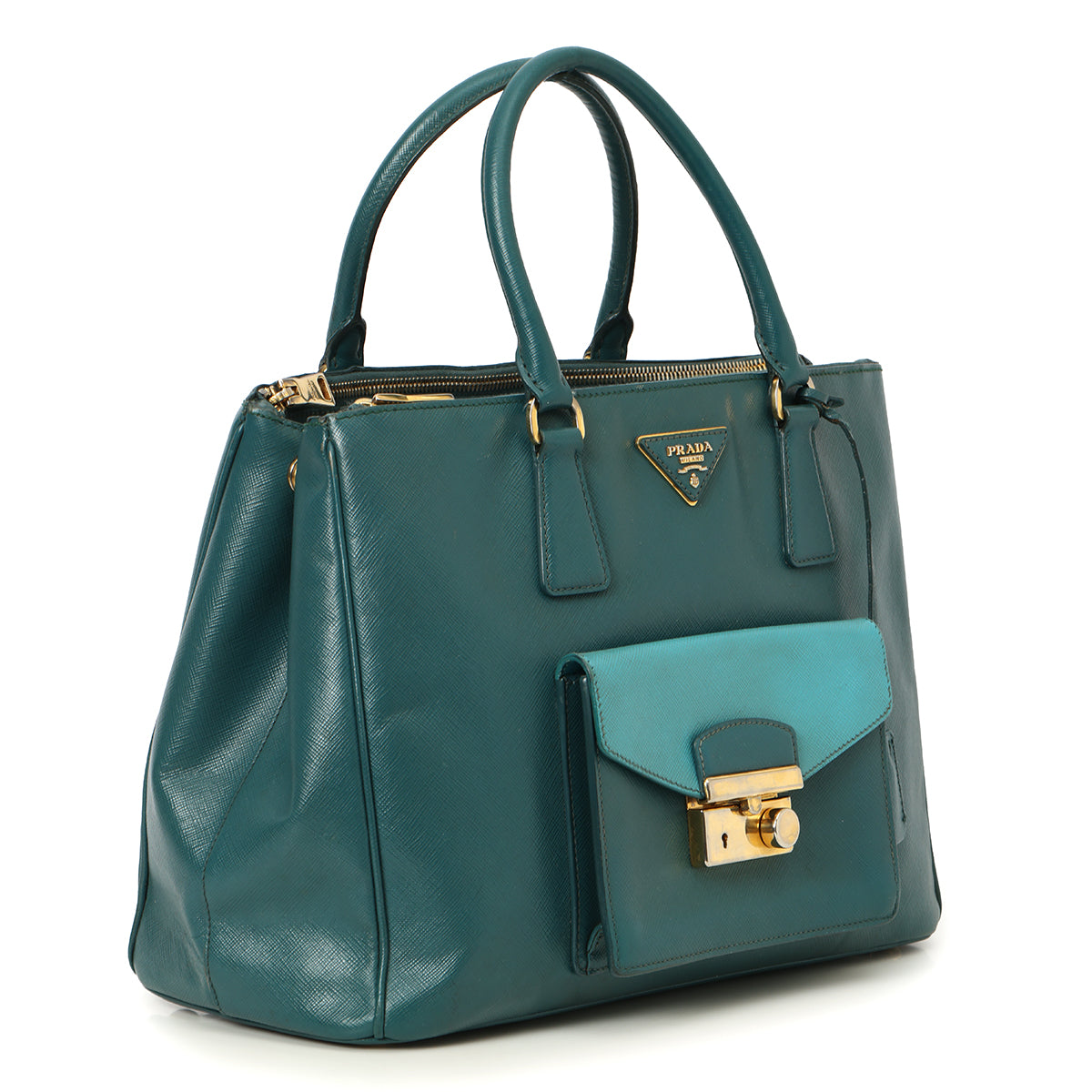 Green/Turquoise Bi-Color Saffiano Lux Leather Pocket Tote Bag