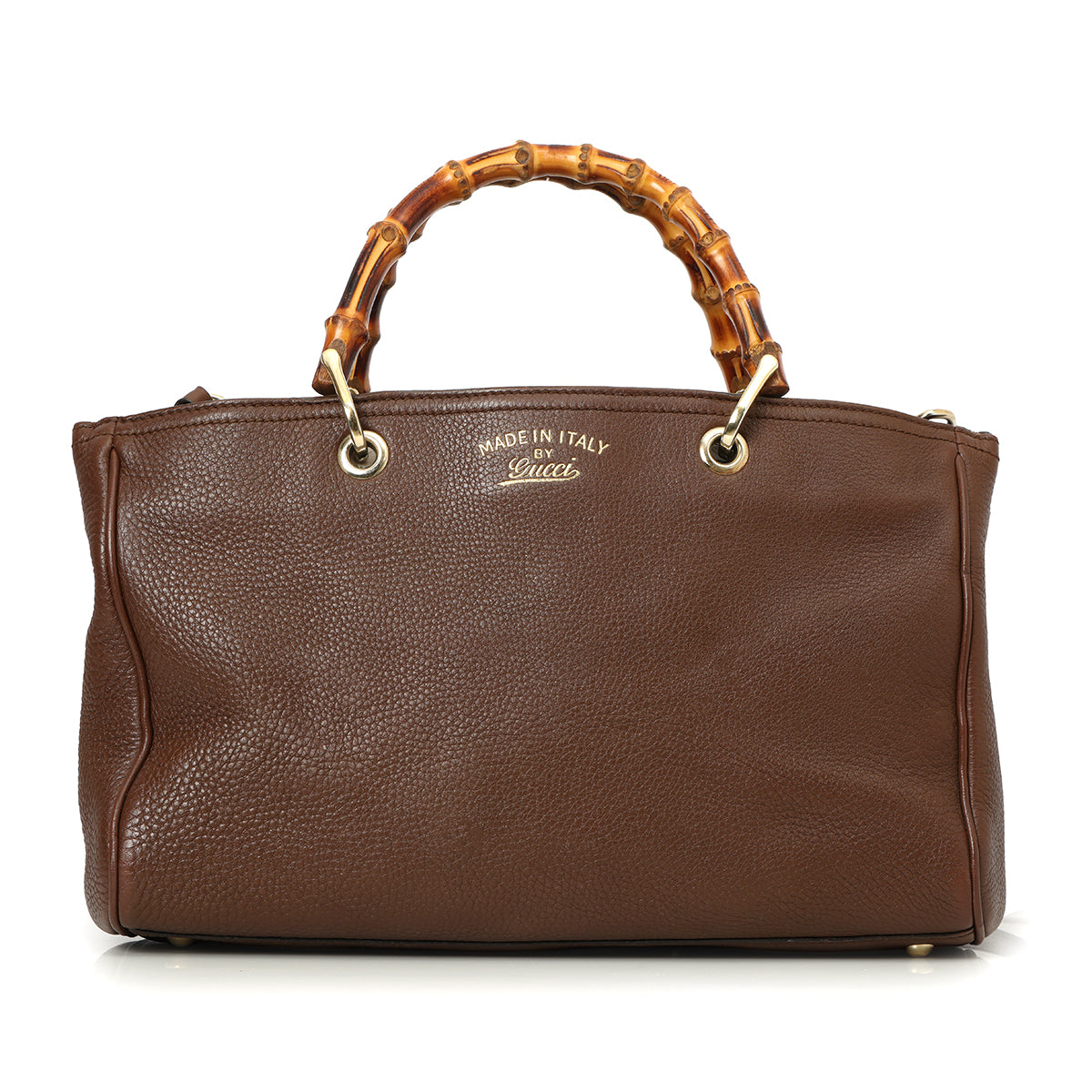 Brown Pebbled Leather Bamboo Top Handle Medium Tote Bag