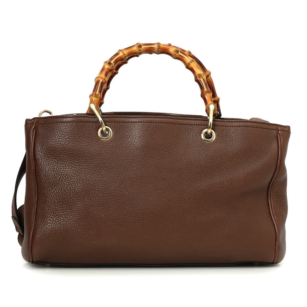 Brown Pebbled Leather Bamboo Top Handle Medium Tote Bag