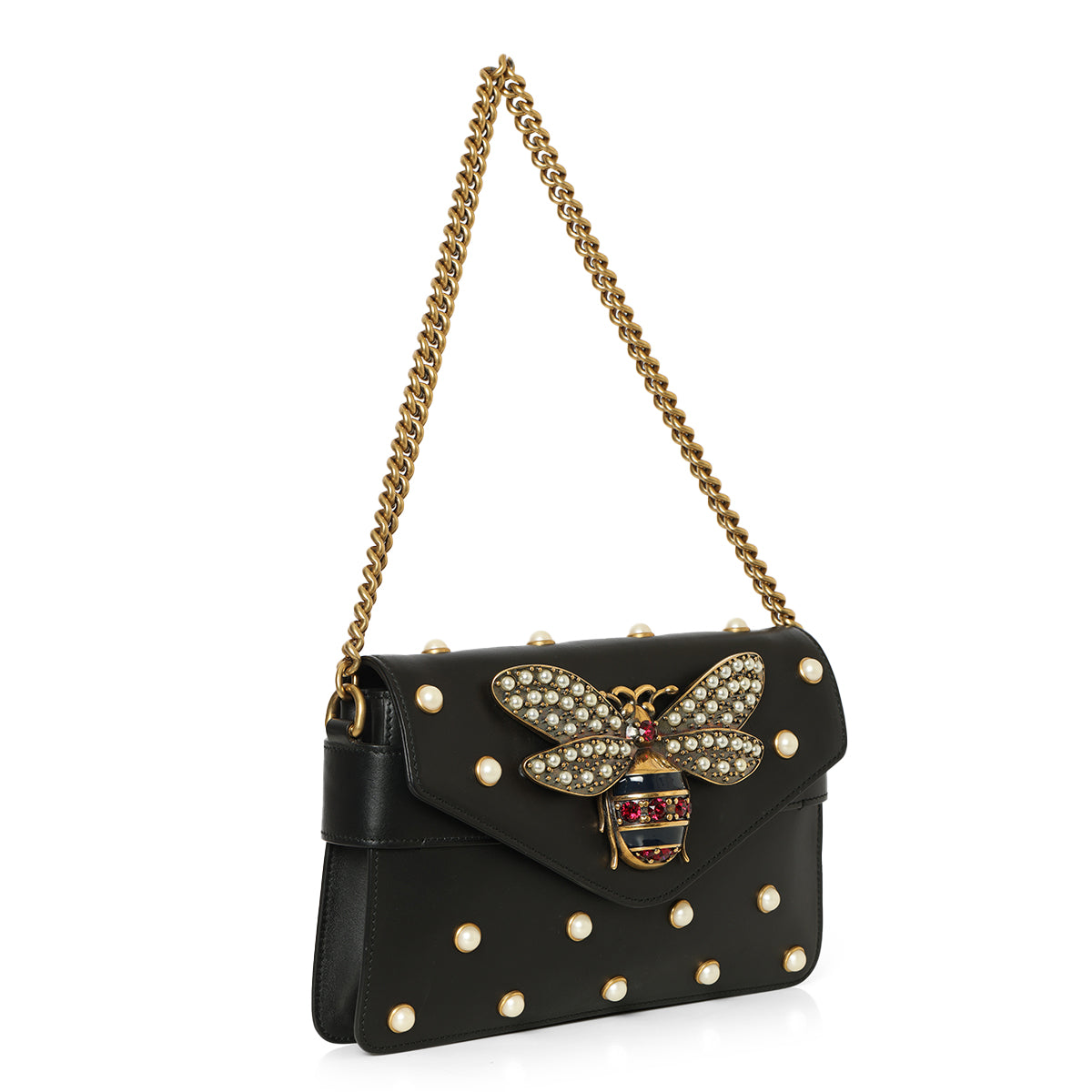 Black Leather Faux Pearl Studded Mini Broadway Bee Shoulder Bag
