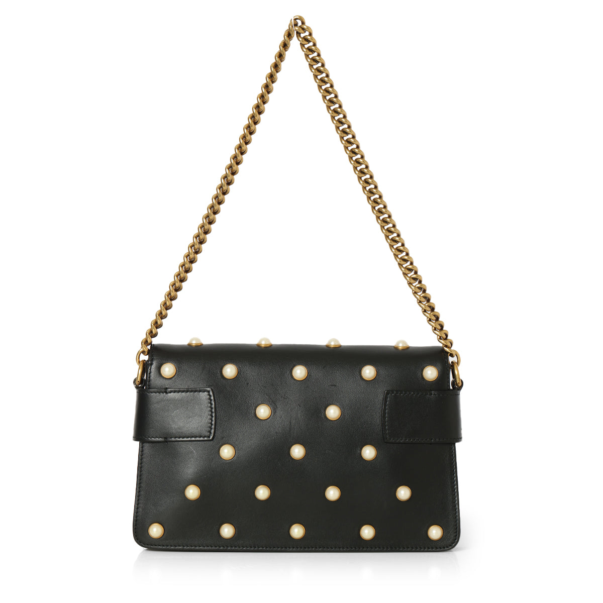 Black Leather Faux Pearl Studded Mini Broadway Bee Shoulder Bag