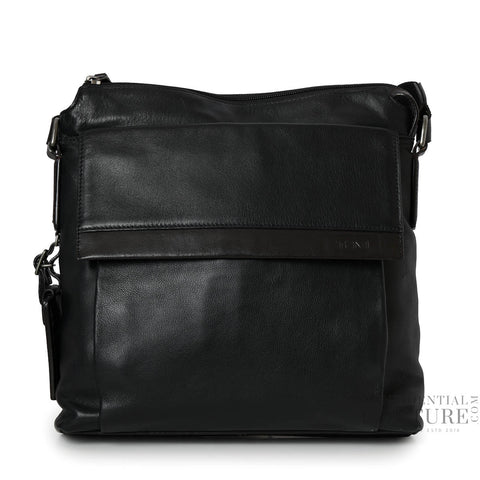 Black Leather Oxford Top Zip Flap Crossbody Bag