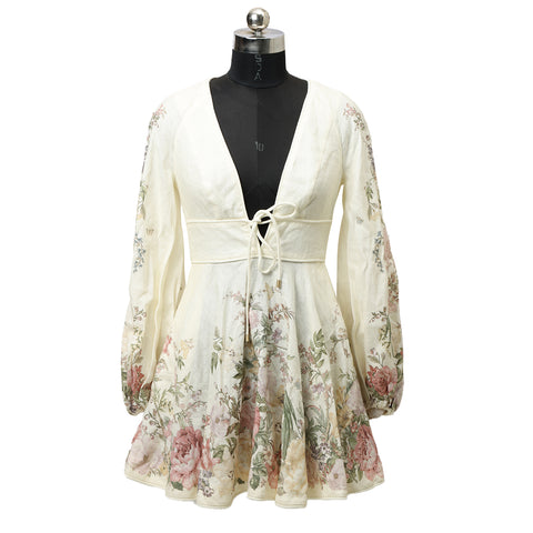 Cream floral Waverly Plunge Linen Skater Mini Dress- AU 0/UK 8