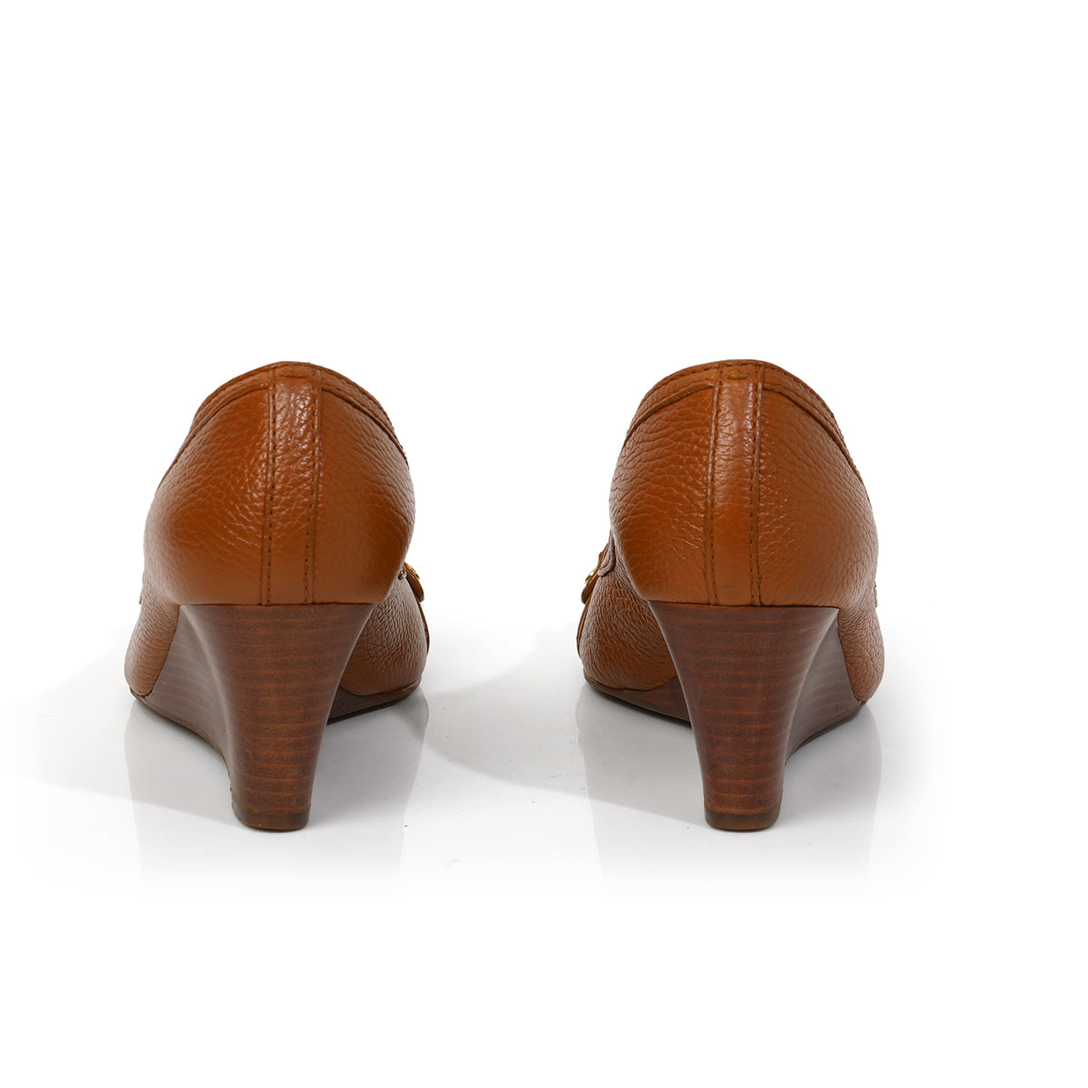 Tan Logo Peep Toe Wedges