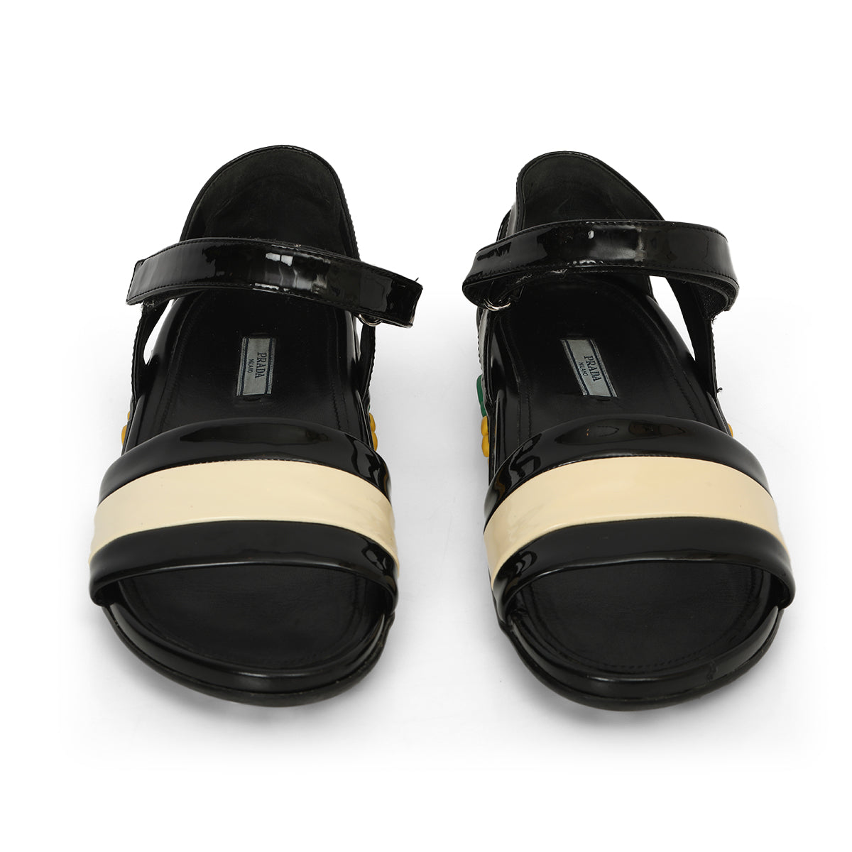 Black And White Patent Leather Floral Embellished Sandals Size: 39