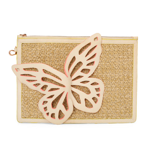 Flossy Leather Butterfly Raffia Wristlet - White Medium